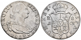 Charles IV (1788-1808). 8 reales. 1803. Sevilla. CN. (Cal-1065). Ag. 27,00 g. Very scarce in this grade. AU. Est...700,00. 

Spanish description: Ca...