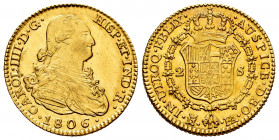 Charles IV (1788-1808). 2 escudos. 1806. Madrid. FA. (Cal-1314). Au. 6,83 g. Minor adjustment marks on obverse. Original luster. AU. Est...500,00. 
...