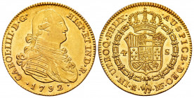 Charles IV (1788-1808). 4 escudos. 1792. Madrid. MF. (Cal-1475). Au. 13,54 g. Most of original luster. Rare in this condition. XF/AU. Est...800,00. 
...