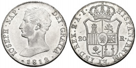 Joseph Napoleon (1808-1814). 20 reales. 1812. Madrid. AI. (Cal-43). Ag. 26,98 g. Plenty luster. Ex Herrero 20/05/1999, lot 581. Mint state/FDC. Est......