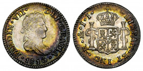 Ferdinand VII (1808-1833). 1/2 real. 1816. Mexico. JJ. (Cal-614). Ag. 1,68 g. Beautiful iridescent patina. It retains some luster. Almost MS. Est...30...