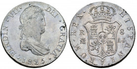 Ferdinand VII (1808-1833). 8 reales. 1825. Madrid. AJ. (Cal-1279). Ag. 27,01 g. Minimal hairlines. With some original luster remaining. Very rare. A f...