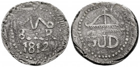Ferdinand VII (1808-1833). 8 reales. 1812. Morelos. (Cal-1348 var). Ag. 22,56 g. Double circular frame. Rare. VF. Est...1500,00. 

Spanish descripti...