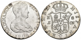 Ferdinand VII (1808-1833). 8 reales. 1808. Sevilla. CN. (Cal-1411). Ag. 27,35 g. Plenty luster. Magnificent reverse. Minor nick on edge. Ex Herrero 16...