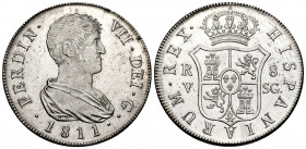 Ferdinand VII (1808-1833). 8 reales. 1811. Valencia. SG. (Cal-1438). Ag. 26,79 g. Wonderful piece. Plenty luster. Very rare, even more in this grade. ...