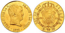 Ferdinand VII (1808-1833). 160 reales. 1822. Madrid. SR. (Cal-1719). Au. 13,52 g. "Cabezon" type. Minor nick on edge. It retains some luster. Scarce. ...