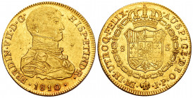 Ferdinand VII (1808-1833). 8 escudos. 1810. Lima. JP. (Cal-1755). (Cal-1212). Au. 27,01 g. Indigenous bust. Original luster. Rarely encountered this g...