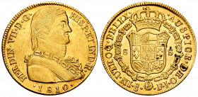 Ferdinand VII (1808-1833). 8 escudos. 1810. Santiago. FJ. (Cal-1863). (Cal onza-1346). Au. 27,12 g. Admiral bust. It retains some original luster on r...