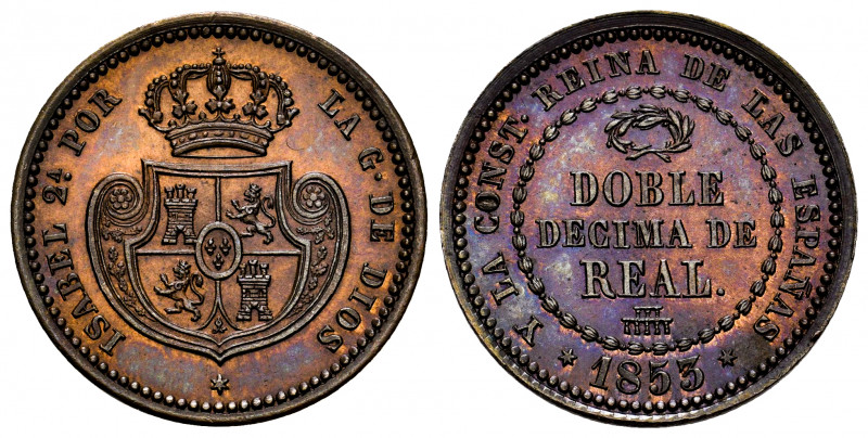 Elizabeth II (1833-1868). "Doble decima de real". 1853. Segovia. (Cal-148). Ae. ...