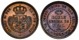 Elizabeth II (1833-1868). "Doble decima de real". 1853. Segovia. (Cal-148). Ae. 7,65 g. Gorgeous colour. Gorgeous specimen. Very rare, even more in th...