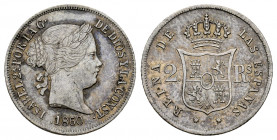 Elizabeth II (1833-1868). 2 reales. 1860/59. Barcelona. (Cal-350). Ag. 2,59 g. Rare overdate. Scratches on obverse. Toned. Almost XF/XF. Est...100,00....
