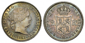 Elizabeth II (1833-1868). 2 reales. 1862. Madrid. (Cal-377). Ag. 2,58 g. Wonderful old cabinet tone with bluish tones. Rare in this condition. Ex O'Ca...