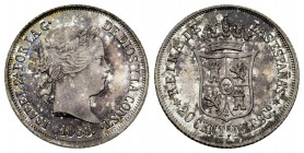Elizabeth II (1833-1868). 20 centimos de escudo. 1868*6-8. Madrid. (Cal-407). Ag. 2,64 g. Wonderful specimen. Rare in this condition. Ex O'Callaghan C...