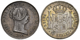 Elizabeth II (1833-1868). 10 reales. 1853. Madrid. (Cal-528). Ae. 13,05 g. Lovely old cabinet patina. Original luster on reverse. Rare in this conditi...