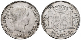Elizabeth II (1833-1868). 20 reales. 1859. Barcelona. (Cal-574). Ag. 25,87 g. Slightly cleaned. Countermark on obverse. Very rare. Choice VF. Est...22...
