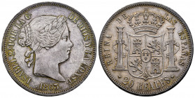 Elizabeth II (1833-1868). 20 reales. 1863. Madrid. (Cal-621). Ag. 25,78 g. Beautiful old cabinet tone. Rare in this condition. XF/AU. Est...600,00. 
...