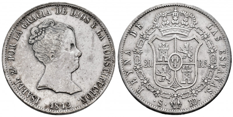 Elizabeth II (1833-1868). 20 reales. 1842. Sevilla. RD. (Cal-623). Ag. 26,89 g. ...