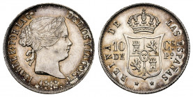 Elizabeth II (1833-1868). 10 centavos. 1868. Manila. (Cal-656). Ag. 2,59 g. Beautiful patina. Scarce in this grade. Ex Isabel de Trastamara Collection...