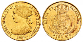 Elizabeth II (1833-1868). 100 reales. 1856. Barcelona. (Cal-766). Au. 8,37 g. Very rare. XF/AU. Est...900,00. 

Spanish description: Isabel II (1833...