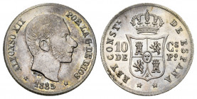 Alfonso XII (1874-1885). 10 centavos. 1885. Manila. (Cal-102). Ag. 2,57 g. Lovely tone. Almost MS. Est...100,00. 

Spanish description: Alfonso XII ...