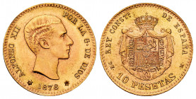 Spanish State (1936-1975). 10 pesetas. 1878*19-61. Madrid. DEM. (Cal-167). Au. 3,23 g. Mintage of 496 pieces. Rare. Mint state. Est...500,00. 

Span...