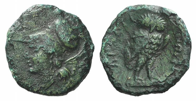 Bruttium, The Brettii, c. 214-211 BC. Æ Sixth – Obol (13mm, 1.56g, 6h). Helmeted...