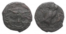 Sicily, Kamarina, c. 420-405 BC. Æ Onkia (11mm, 1.31g, 3h). Facing gorgoneion. R/ Owl standing r., head facing, grasping lizard in talons. CNS III, 4;...