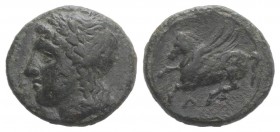 Sicily, Syracuse, 344-317 BC. Æ (17mm, 4.53g, 12h). Laureate head of Apollo l.; pileus behind. R/ Pegasos flying l.; Δ below. CNS II, 85; HGC 2, 1486....