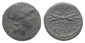 Sicily, Syracuse. Agathokles (317-289 BC). Æ (12mm, 1.82g). Helmeted head of Athena r. R/ Winged thunderbolt. CNS II, 119; HGC 2, 1510. Green patina, ...