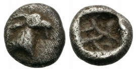 Thraco-Macedonian Region, Uncertain (Aigai?), c. mid 5th century BC. AR Hemiobol (5mm, 0.29g). Head of goat r. R/ Windmill incuse. Tzamalis -; SNG ANS...