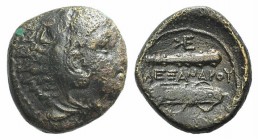 Kings of Macedon, Alexander III ‘the Great’ (336-323 BC). Æ (18mm, 6.04g, 5h). Uncertain Macedonian mint. Head of Herakles r., wearing lion skin. R/ B...