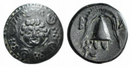 Kings of Macedon, Philip III (323-317 BC). Æ Half Unit (15mm, 4.43g, 12h). Salamis, under Nikokreon. Macedonian shield, facing gorgoneion on boss. R/ ...