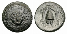 Kings of Macedon, Philip III (323-317 BC). Æ Half Unit (16mm, 4.08g, 12h). Salamis, under Nikokreon. Macedonian shield, facing gorgoneion on boss. R/ ...