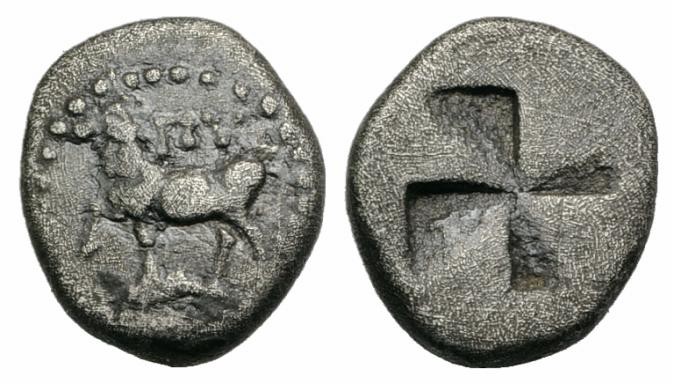 Thrace, Byzantion, 416-357 B.C. AR Diobol (10mm, 1.15g). Heifer standing l.; dol...