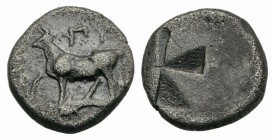 Thrace, Byzantion, c. 340-320 BC. AR Hemidrachm (12mm, 2.30g). Heifer standing l. on dolphin. R/ Quadripartite stippled incuse punch. SNG BM Black Sea...