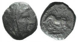 Euboia, Karystos, 3rd-2nd century BC. Æ (16mm, 4.67g, 12h). Veiled head of Hera r. R/ Bull charging r.; club below. BCD Euboia 594; SNG Copenhagen 424...