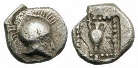 Asia Minor, Uncertain (perhaps Neandria in Troas?), c. 450 BC. AR Hemiobol (5mm, 0.27g, 1h). Corinthian helmet l. R/ Amphora within square incuse. Unp...