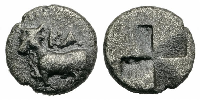 Bithynia, Kalchedon, c. 340-320 BC. AR Trihemiobol (9mm, 1.14g). Bull standing l...