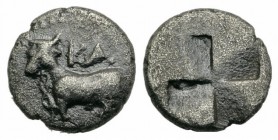 Bithynia, Kalchedon, c. 340-320 BC. AR Trihemiobol (9mm, 1.14g). Bull standing l. [on grain ear]. R/ Quadripartite square of mill-sail pattern. SNG BM...