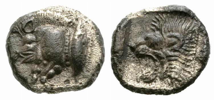 Mysia, Kyzikos, c. 450-400 BC. AR Diobol (9mm, 1.06g, 6h). Forepart of boar l.; ...