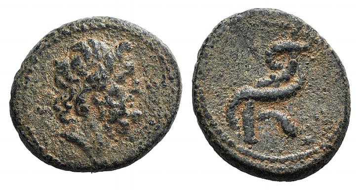 Mysia, Pergamon, c. 133-27 BC. Æ (17mm, 3.79g, 12h). Head of Asklepios r., weari...