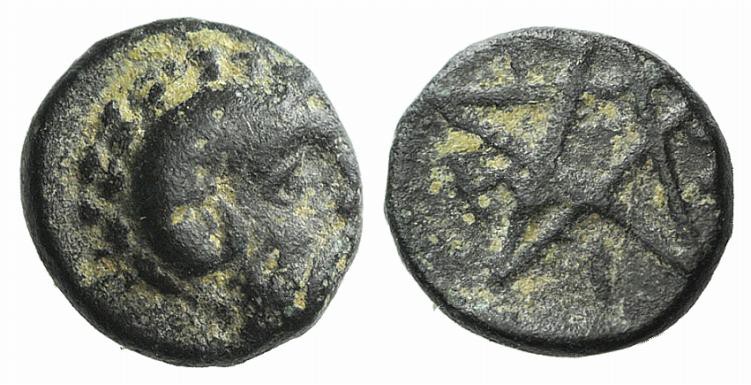 Mysia, Pitane, 4th-3rd centuries BC. Æ (7mm, 0.61g). Head of Zeus-Ammon r. R/ Pe...