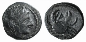 Mysia, Priapos, 1st century BC. Æ (10mm, 1.26g, 12h). Laureate head of Apollo r. R/ Crab; harpa below. SNG BnF –; SNG Copenhagen –; SNG von Aulock 752...