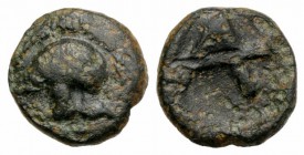 Troas, Achilleion, 4th century BC. Æ (8mm, 0.77g, 6h). Crested helmet l. R/ City monogram. SNG Copenhagen 64. Very Rare, green patina, Good Fine