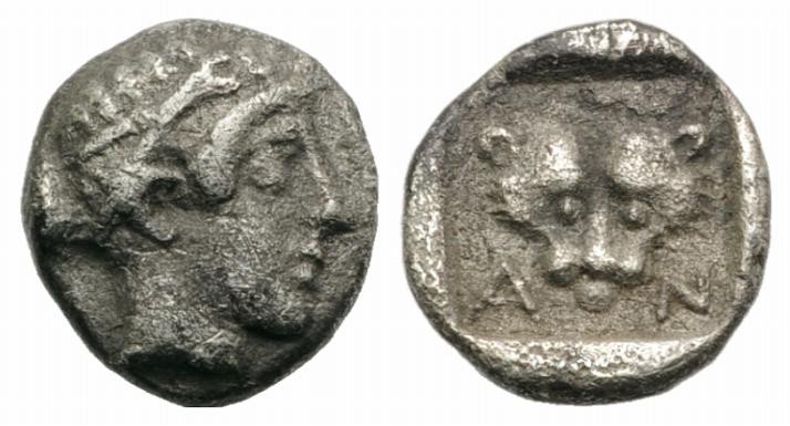 Troas, Antandros, late 5th century BC. AR Hemiobol (6mm, 0.40g, 6h). Head of Art...