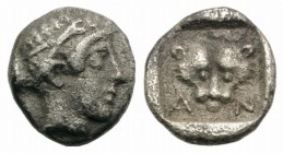 Troas, Antandros, late 5th century BC. AR Hemiobol (6mm, 0.40g, 6h). Head of Artemis Astyrene r. R/ Head of panther facing; A–N across lower field; al...