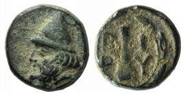 Troas, Birytis, c. 350-300 BC. Æ (9mm, 1.21g, 12h). Head of Kabeiros l., wearing pileos; two stars above. R/ Club within wreath. SNG Copenhagen 249. G...