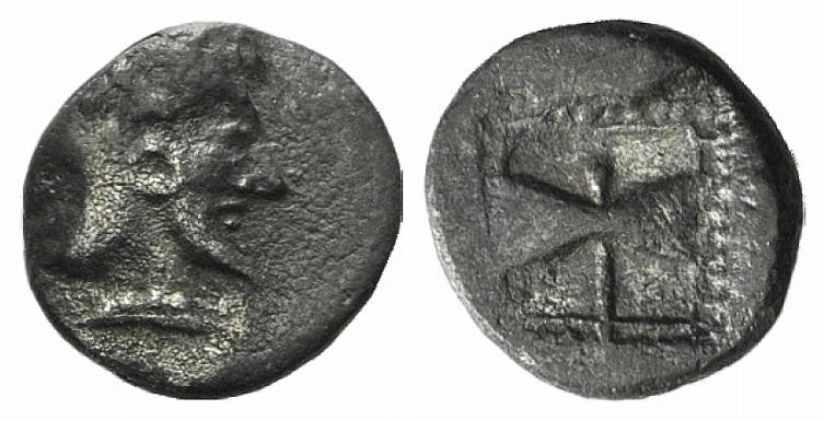 Islands of Troas, Tenedos, c. 450-387 BC. AR Obol (8mm, 0.53g, 12h). Janiform fe...