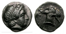 Aeolis, Aigai, 4th-3rd centuries BC. Æ (8mm, 0.89g, 12h). Laureate head of Apollo r. R/ Head of goat r. SNG Copenhagen 1; SNG von Aulock 1593. Green p...