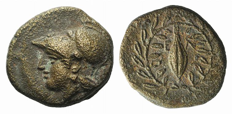 Aeolis, Elaia, mid 4th-3rd century BC. Æ (11mm, 1.40g, 12h). Helmeted head of At...